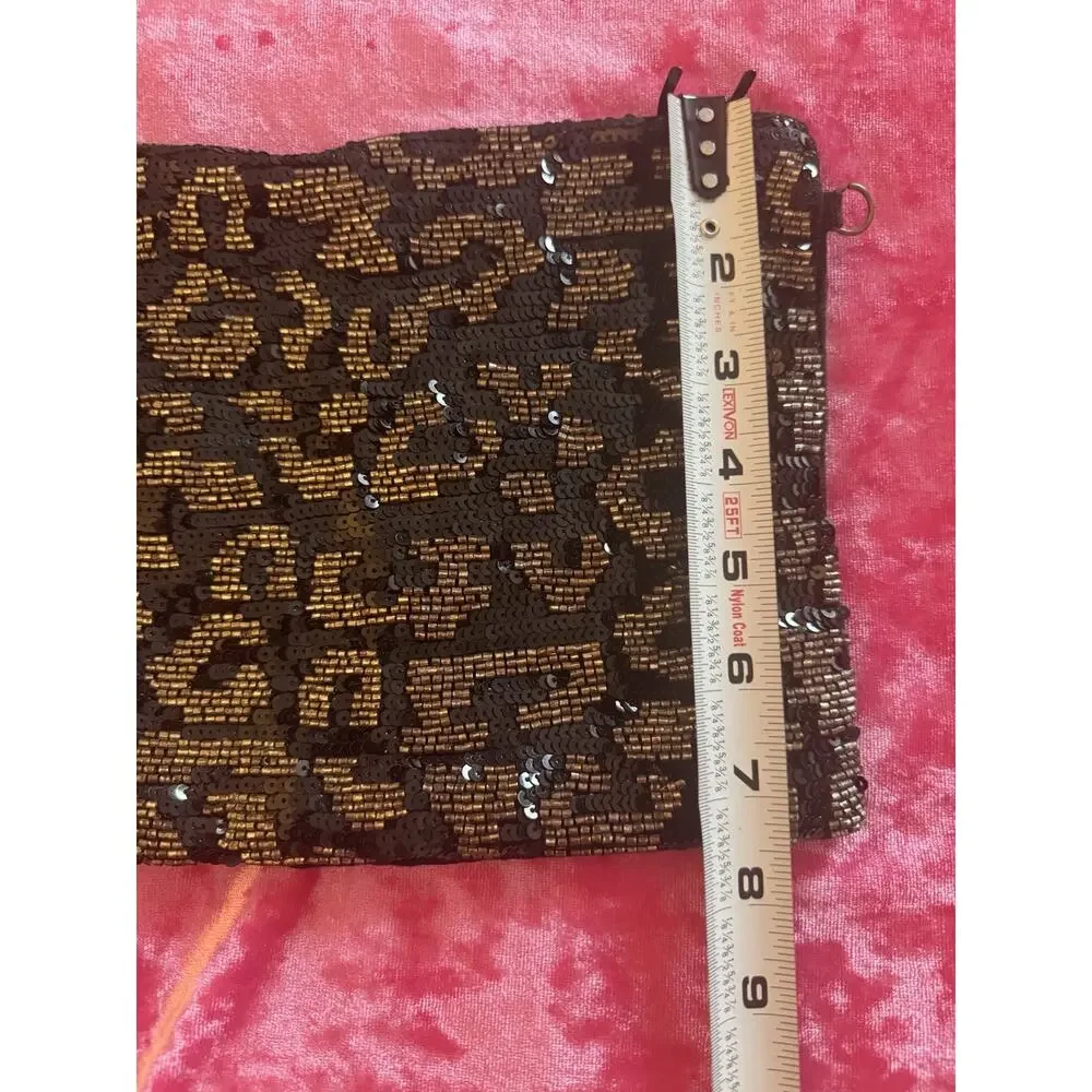 World Market Sequin Beaded Clutch Black Gold Cheetah Glam Fancy Velvet - Picture 4 of 7
